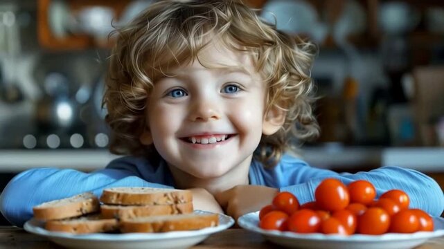 A delightful scene featuring a cheerful curly-haired child smiling between plates of fresh cherry tomatoes and whole grain bread in a cozy kitchen atmosphere