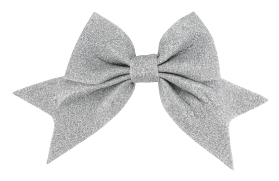 Silver glittering christmas bow tie isolated on a transparent background. Full depth of field. PNG.