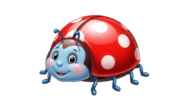 Cartoon ladybug PNG isolated on transparent background, cute red bug with white spots and a smiling face for children s designs
