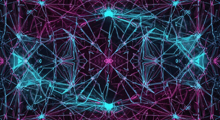 Psychedelic kaleidoscopic background with a vibrant digital web of interconnected neural pathways in neon pink and blue