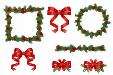 Collection of christmas decorations including wreath garland square frame and red ribbons