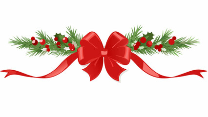 Festive christmas garland with red bow and holly berries