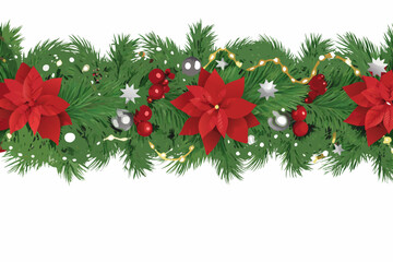 Seamless christmas garland with poinsettias ornaments and fairy lights