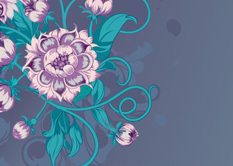 Elegant floral design with purple and teal flowers and vines