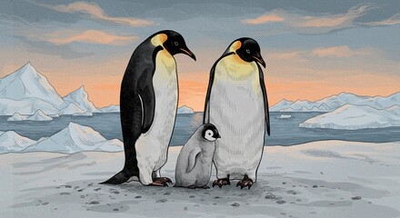 Penguin Family with Chick in Antarctic Landscape