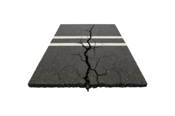 Broken Asphalt Road with White Lines Isolated on Transparent Background