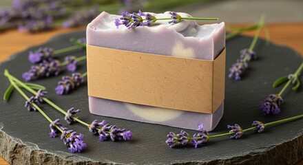 Artisan handmade lavender soap bar with fresh lavender flowers, perfect for natural skincare, relaxation, and a luxurious spa experience