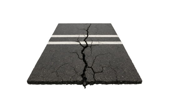 Broken Asphalt Road with White Lines Isolated on Transparent Background