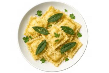 Homemade ravioli pasta dish on a white plate, seasoned with sage leaves and parsley flakes, a gourmet italian meal preparation