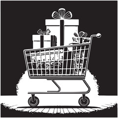 Shopping Cart Full of Gift Boxes Silhouette ? Vector Style Black and White Illustration (2).eps