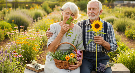 Grandparents holding medicinal herbs and flowers and enjoying their aroma