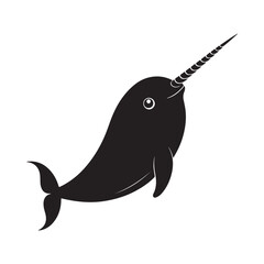 Solid Black Narwhal Silhouette with Spiral Tusk on White Background (2).eps