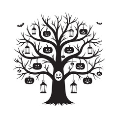 Spooky Happy Halloween Tree with Pumpkin and Lanterns black colour vector design and white background (1).eps