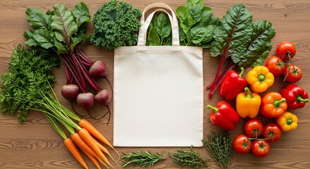 Colorful fresh organic vegetables and a reusable canvas tote bag on a rustic wooden table, promoting healthy eating and sustainability