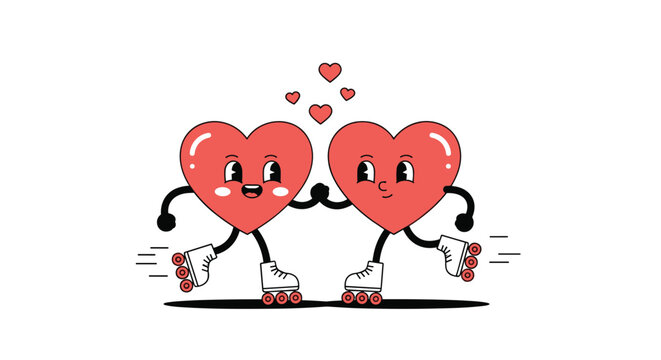 Cute retro cartoon of two happy heart characters with faces and limbs, holding hands and roller skating together in love.