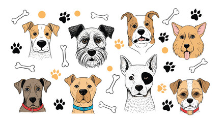 Collection of eight different hand-drawn dog breed portraits with cute faces, surrounded by paw prints and bone illustrations.