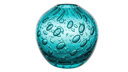 Round turquoise glass vase with bubbles isolated PNG, decorative object for interior design and floral arrangements on transparent background