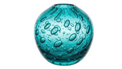 Round turquoise glass vase with bubbles isolated PNG, decorative object for interior design and floral arrangements on transparent background