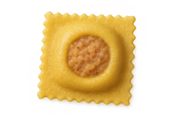 Single raviolo pasta with meat filling, top view, traditional italian fresh food isolated with transparent background