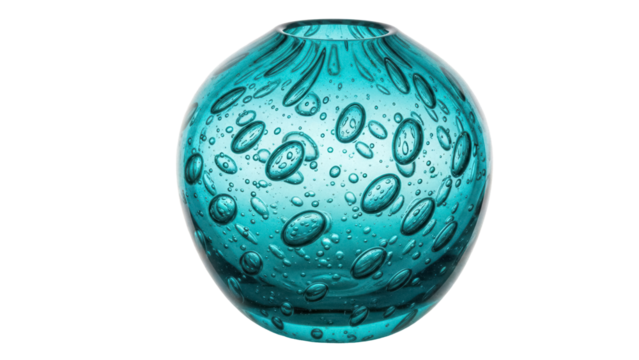 Round turquoise glass vase with bubbles isolated PNG, decorative object for interior design and floral arrangements on transparent background
