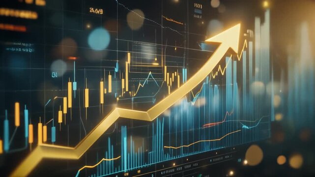 Digital Financial Chart with Upward Trending Golden Arrow and Data Visualizations stock market trading