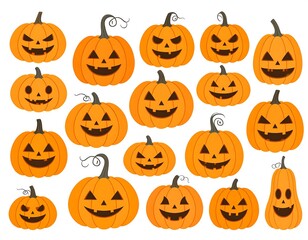 Collection of Spooky Halloween Pumpkins with Carved Faces and Various Shapes on a White Background.