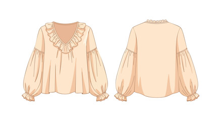 Obraz premium Elegant Cream Blouse with Ruffled V-Neck and Balloon Sleeves Fashion Design Illustration