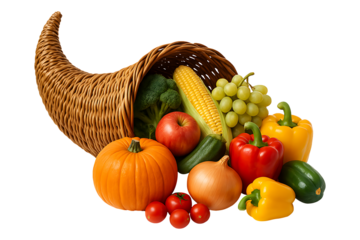 Cornucopia Basket with Fruits and Vegetables Isolated on Transparent Background