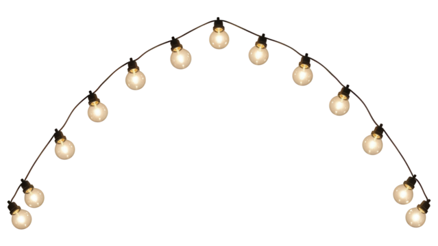 String of warm glowing light bulbs PNG isolated on transparent background, festive decoration for party and celebration