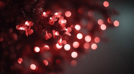 Red string lights on a christmas tree branch with bokeh background