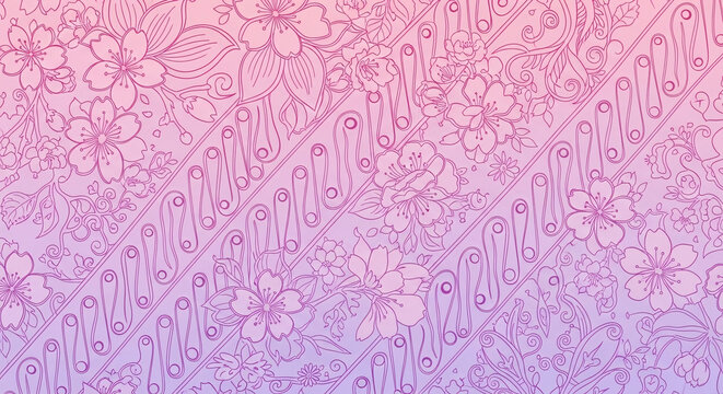 Hand-drawn seamless floral pattern featuring traditional Indonesian Batik motifs and cherry blossoms. A beautiful vector illustration with a gentle pink to purple gradient - Powered by Adobe
