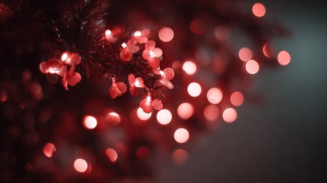 Red string lights on a christmas tree branch with bokeh background