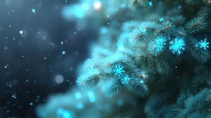Christmas tree branch decorated with glowing blue snowflakes and festive lights