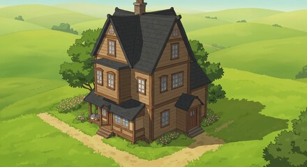 Cartoon House on Green Hills