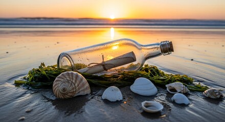 Message in a glass bottle with a rolledup scroll inside, washed ashore on a sandy beach with seashells and seaweed at a beautiful sunset
