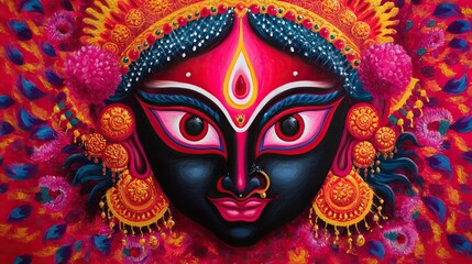 Naklejka premium Vibrant painting of a hindu goddess face with a third eye and traditional indian jewelry