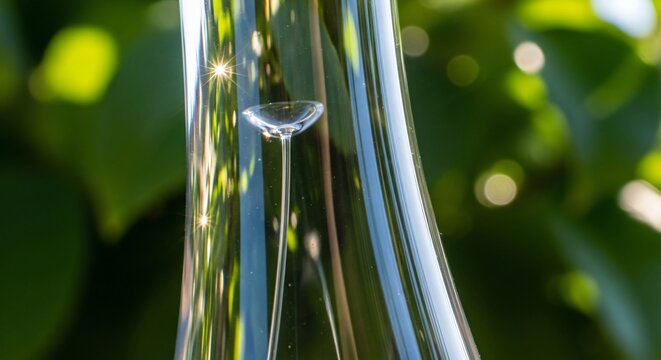 Closeup abstract view of a glass bottle neck reflecting vibrant green foliage and sunlight, creating intricate patterns and highlights