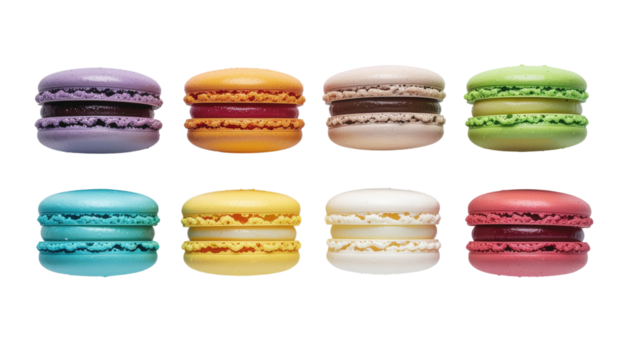 Untitled design - Top-View Grid of Eight Colorful Macarons on White Patterned Background.