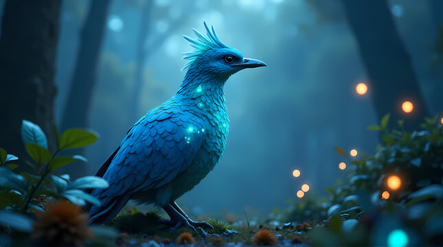 Mythical-Inspired Bird With Glowing Feathers in Fantasy Forest - Powered by Adobe