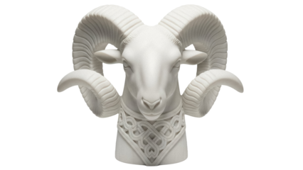 Ram head sculpture PNG isolated on transparent background, zodiac animal with Celtic knot collar for mythology and fantasy themes