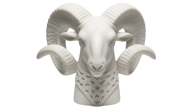 Ram head sculpture PNG isolated on transparent background, zodiac animal with Celtic knot collar for mythology and fantasy themes