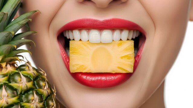 Close-up of glossy lips gently holding a fresh pineapple between bright white teeth