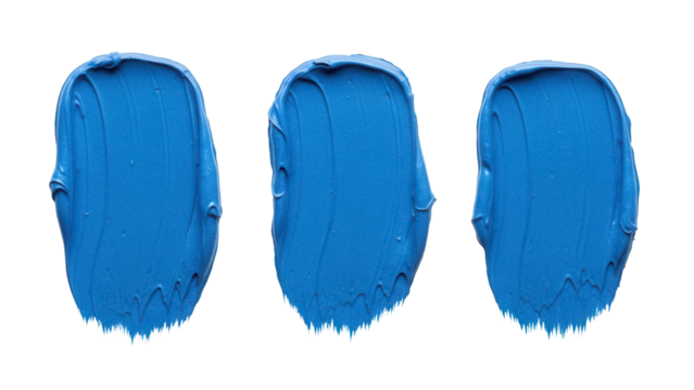Three blue paint strokes isolated on transparent background PNG, vibrant color swatch for artistic design and creative projects - Powered by Adobe