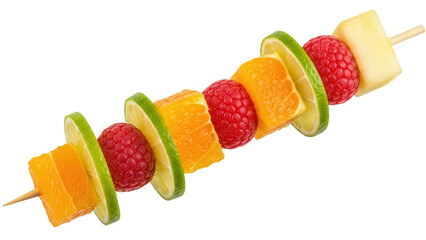 Colorful fruit skewer PNG isolated on transparent background, healthy snack with orange, lime, raspberry and melon