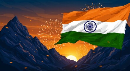 Flag, Mountain and Fireworks