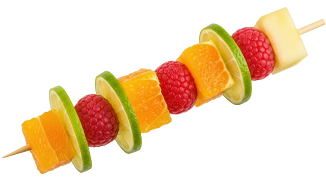 Colorful fruit skewer PNG isolated on transparent background, healthy snack with orange, lime, raspberry and melon - Powered by Adobe