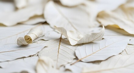 Close up of dried white leaves with a small twig fragment