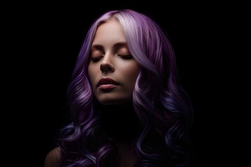 Fototapeta premium Woman with wavy, bleached, liquid purple roots. The face is calm and symmetrical, illuminated with cinematic precision against a pitch black background with the image evoking beauty and elegance