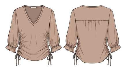 Detailed Fashion Illustration: Front and Back View of a Beige V-Neck Blouse with Drawstring Sleeves