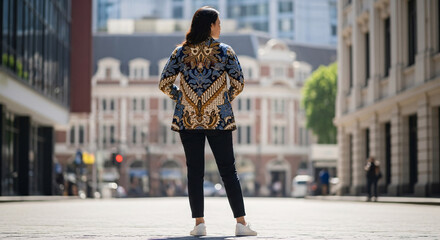 A confident woman stands in an urban setting, looking towards the city skyline, showcasing a sense of empowerment and urban exploration
